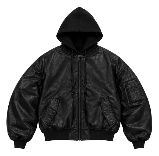 KNALL3R LEATHER HOODED BOMBER